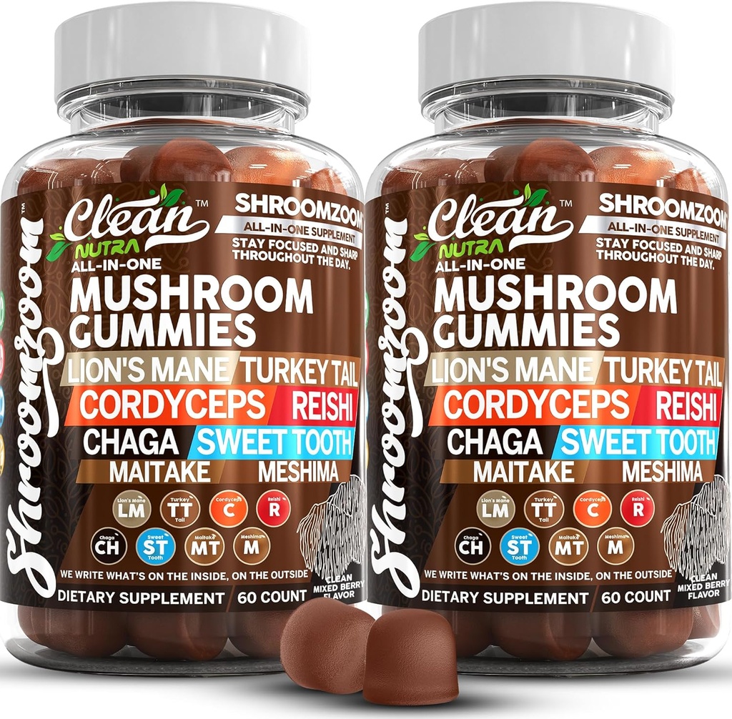 [BRSRAZILO57QECLA] 15in1 Mushroom Gummies with Lion's Mane Turkey Tail Cordyceps Reishi Chaga Sweet Toot Maitake Meshima Poria Cocos Shiitake Tremella, Oyster Agaricus Mushrooms for Men and Women Supplement - 2Pack