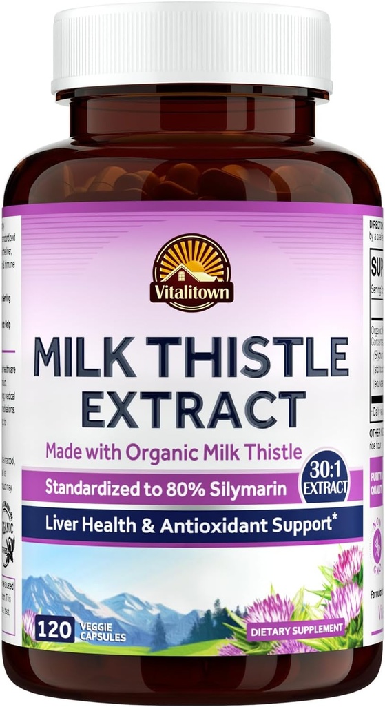 Vitalitown Organic Milk Thistle Antioxidant Support, Detox & Cleansing, 120 Vegan Caps