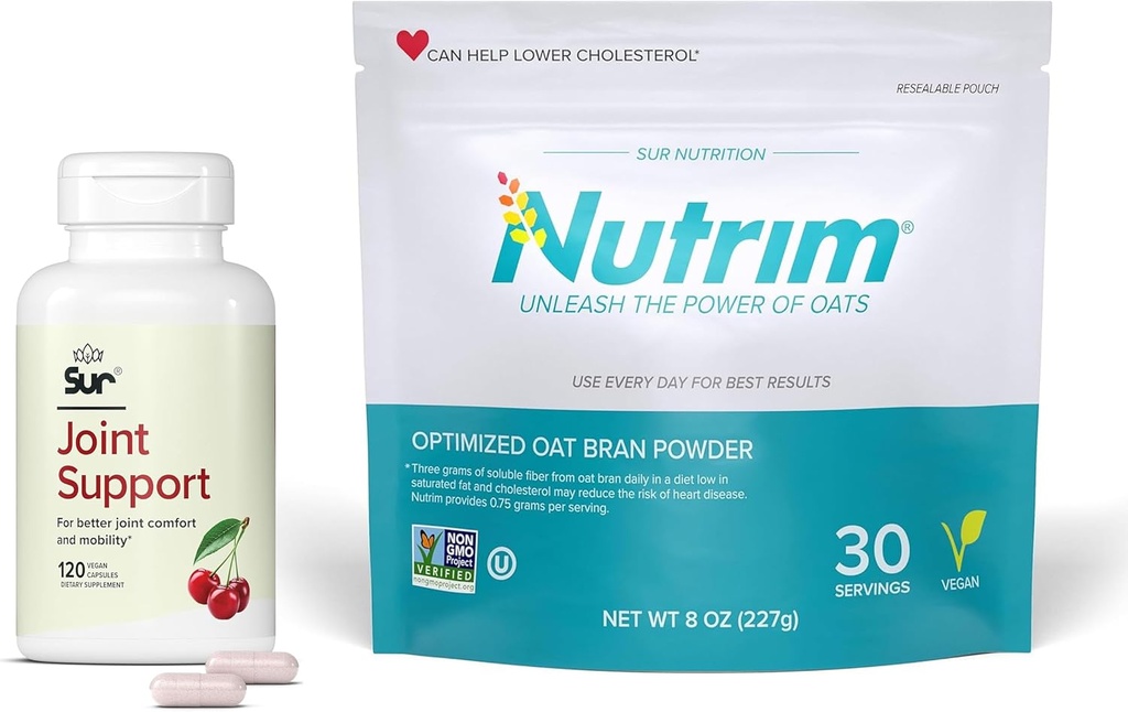 Sur Nutrim Oat Bran Powder with 750mg Beta Glucan per Serving Joint Support FruiteX-B Tart Cherry Capsules Bundle