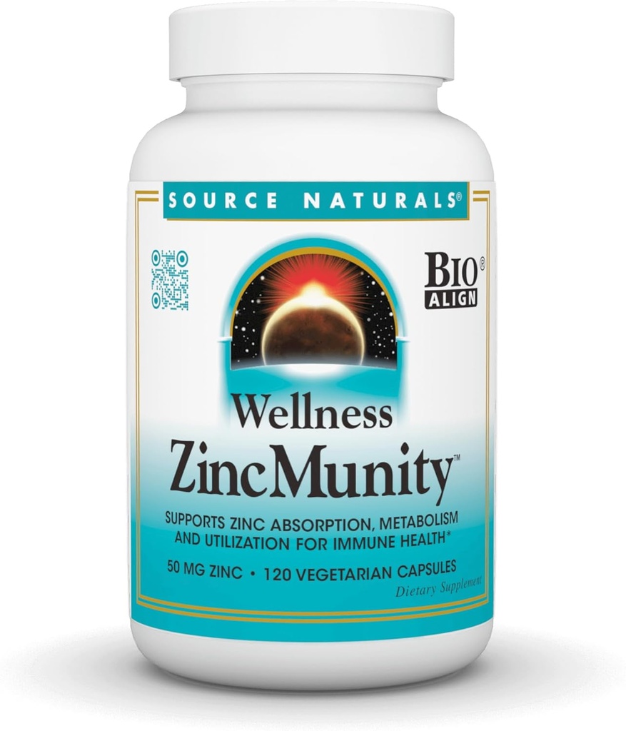 Source Naturals Wellness ZincMunity, Supports Zinc Absorbtion, Metabolism, and Utlization for Immune Health*, 50 mg Zinc - 120 Vegetarian Capsules