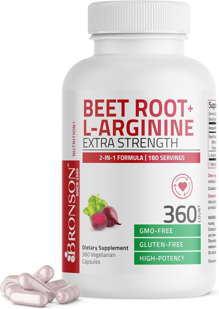 Bronson Beet Root + L-Arginine Nitric Oxide Production - Non-GMO, 360 Vegetarian Capsules