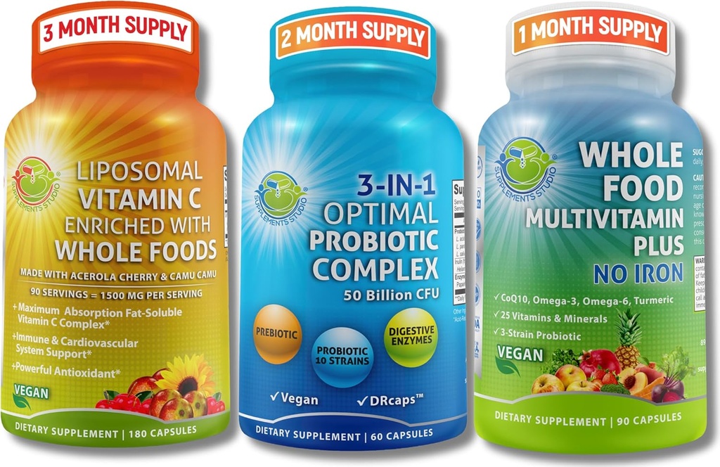 [BRSRMFALAR5G2YAY] Gut Health, Immunity, Energy & Nutrient Support – 3-in-1 Probiotic with Digestive Enzymes + Liposomal Vitamin C 1500mg + Whole Food Multivitamin Without Iron – Vegan, Non-GMO, Clean Wellness Support