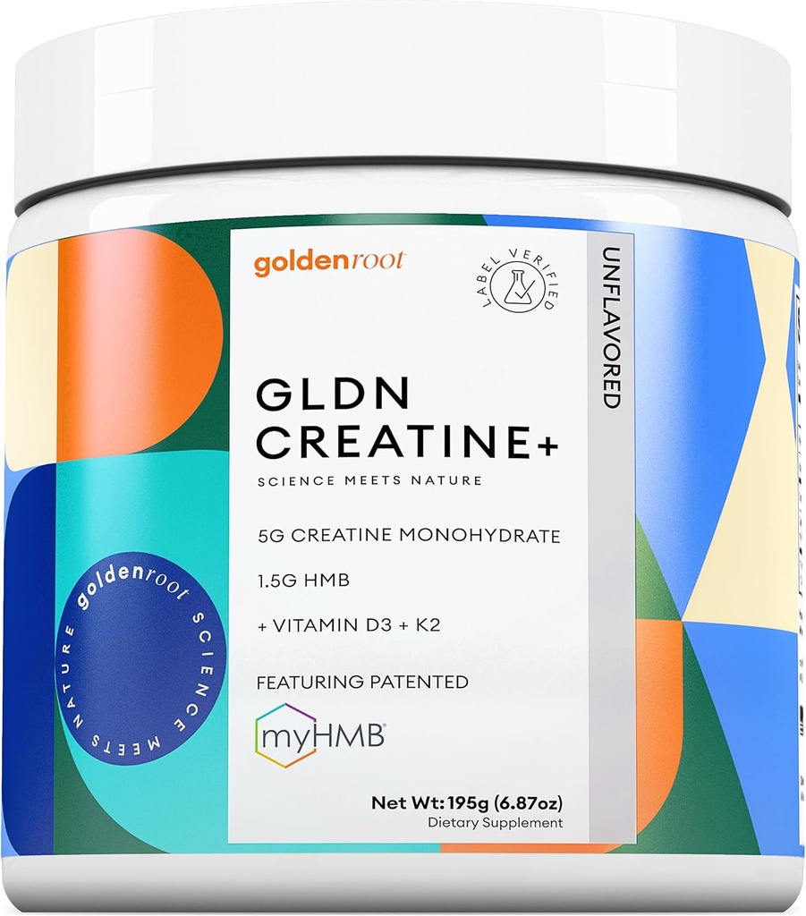 GLDN Creatine - Creatine Monohydrate with HMB for sustained Muscle Support and Recovery with Vitamin D3 and K2 for Bone and Joint Health - Designed for Women and Men - Unflavored Powder - 30 Serve