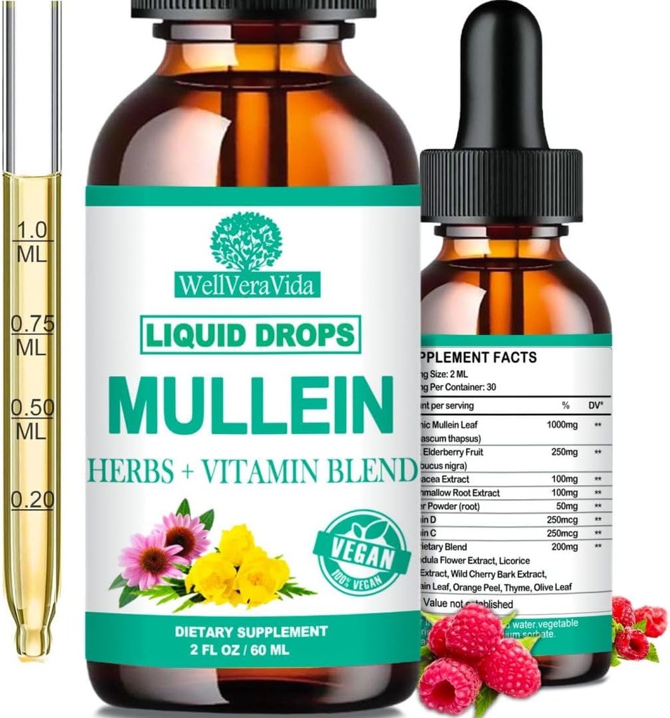 Mullein Drops for Lungs, Organic Mullein Leaf Extract w/Elderberry Echinacea Drops for Lung Health Mullein Leaf Tincture Alcohol Free - Lung Detox for Smoker Sinus Immunity & Respiratory Support
