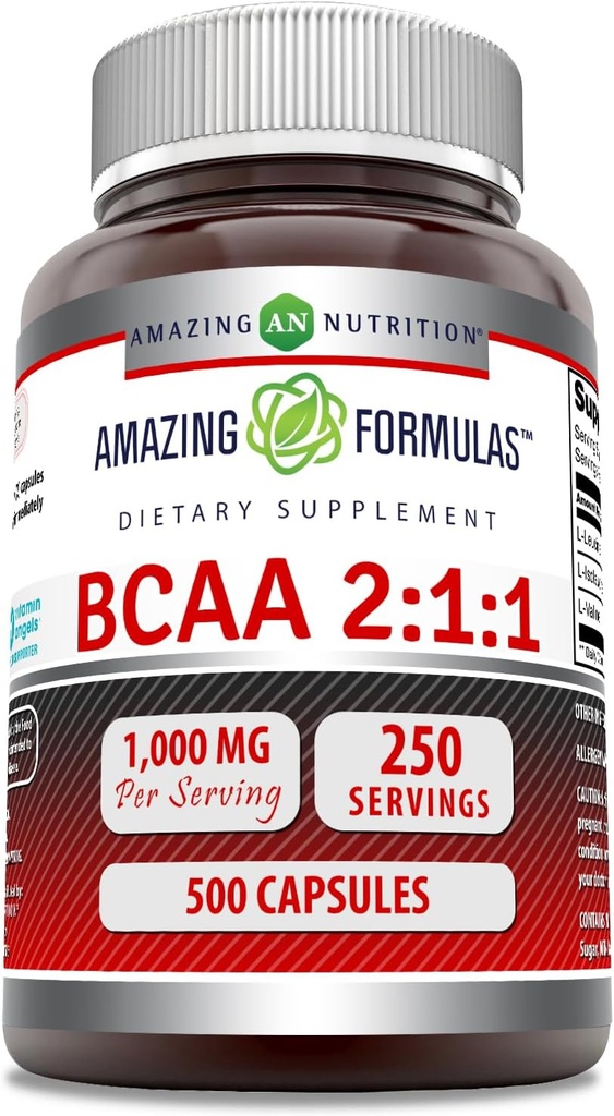 Amazing Formulas BCAA 2:1:1 1000 Mg Per Serving | Capsules | Branched Chain Amino Acids Supplement | Non-GMO | Gluten-Free | Made in USA (1 Pack | 500 Count)