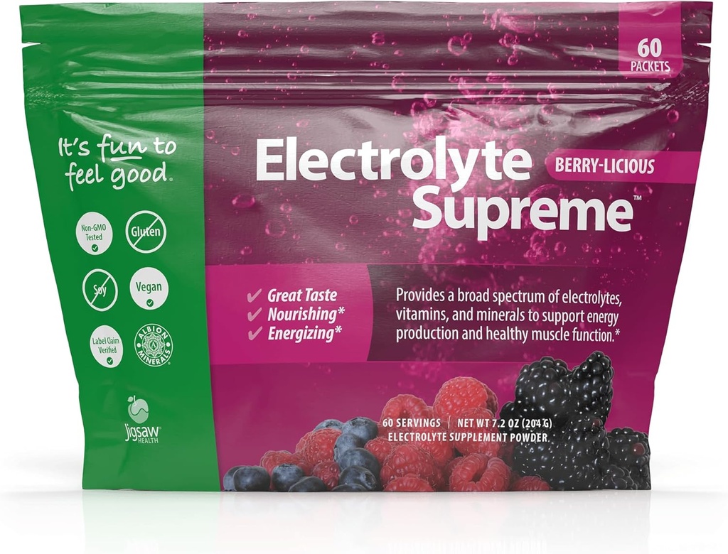 Jigsaw Health Electrolyte Supreme | Broad Spectrum of Electrolytes + Trace Minerals | Berry-Licious Flavor | 60 Servings (Packets)