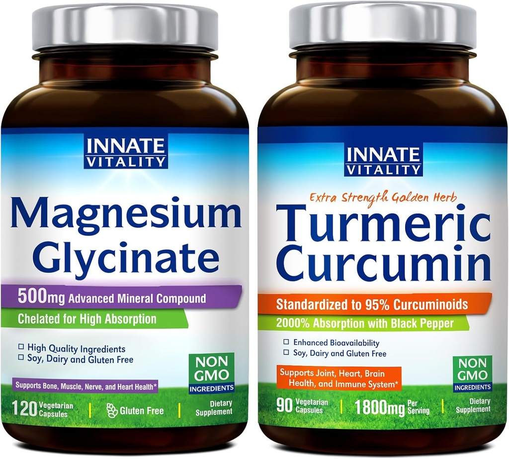 Innate Vitality Magnesium Glycinate & Turmeric Bundle, High Absorption, Joint, Muscle & Nerve Health, Black Pepper Extract, Bundle & Save, 120 Capsules & 90 Capsule