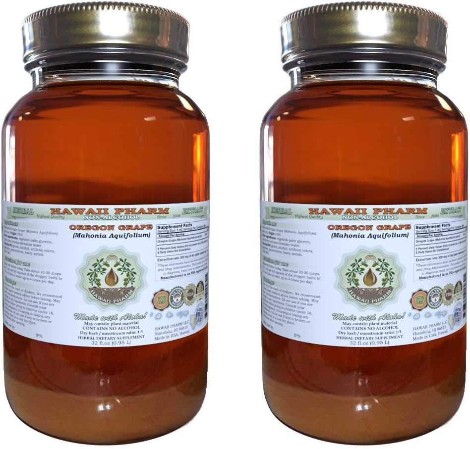 Hawaii Pharm Oregon Grape Alcohol-Free Liquid Extract, Oregon Grape (Mahonia aquifolium) Dried Root Glycerite Natural Herbal Supplement, USA 2x32 fl.oz