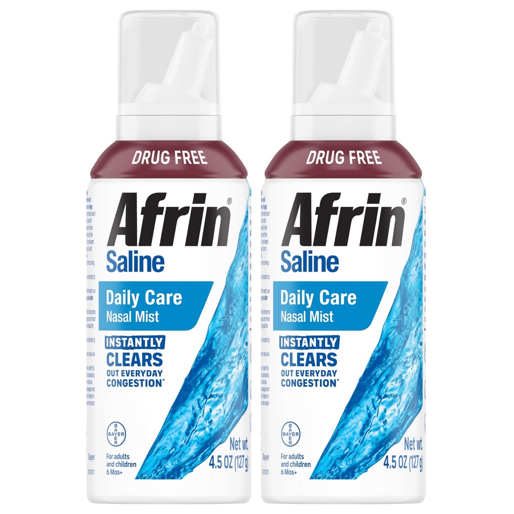Afrin Saline Nasal Spray Twin Pack, 100% Drug Free, Saline Solution, Daily Care Nasal Spray for Everyday Congestion and Dry Nose, Easy Mist, 4.5 OZ (Pack of 2)