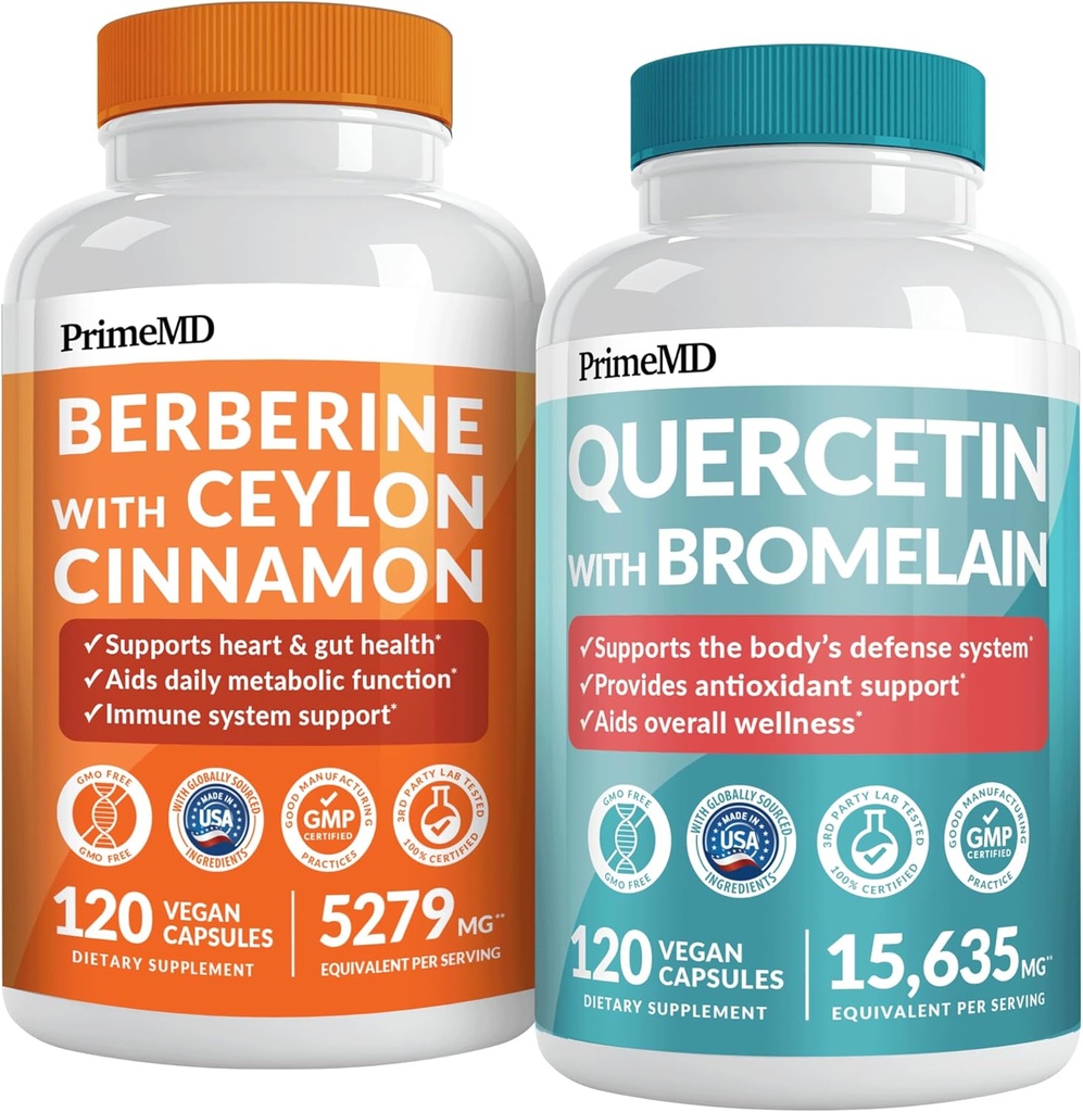 [BRSRAAIYO55BG3QZ] 21-in-1 Berberine Supplement with Ceylon Cinnamon Chromium, Bitter Melon and Green Tea Extract (120 ct) & 28-in-1 Quercetin with Bromelain Supplement for Immune Defense Support (120 ct)