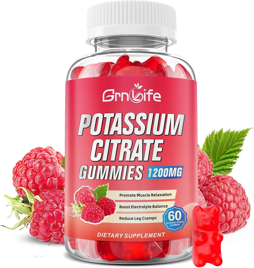 Potassium Citrate Gummies, High Potassium Supplement Gummies 1200mg Support Leg Cramps & Muscle Health, Potassium Gummies for Adults & Kids, Vegan, Raspberry Flavor 60 Count