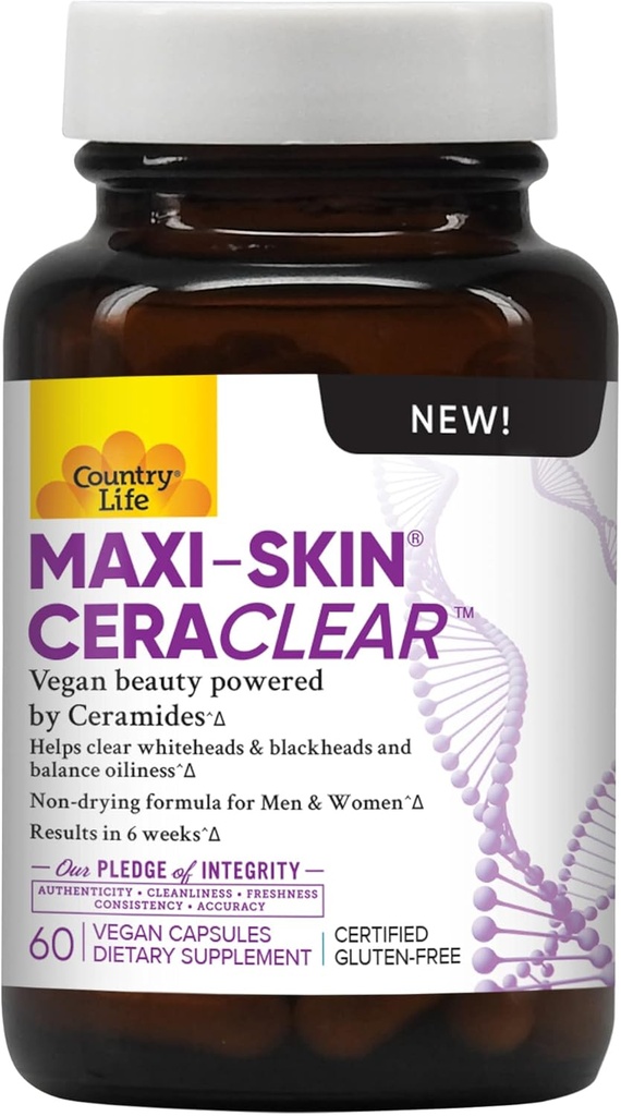 Country Life Maxi-Skin CeraClear, 60 Vegan Capsules – Clinically Studied Konjac Root Ceramides to Support Clear, Hydrated Skin & Improve Hyperpigmentation – Gluten Free, Vegan, Kosher
