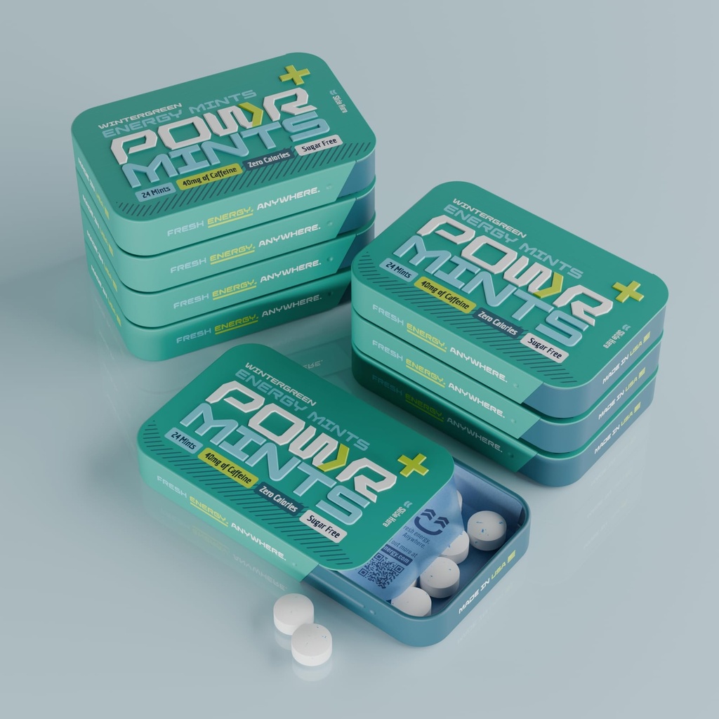 POWR Energy Mints, Wintergreen Flavor - 24 Mints, 40mg Caffeine per Mint, Sugar Free, Zero Calories, No Aspartame - Pocket Energy for Pre-Workout, Cycling, Running, Endurance - Focus & Energy - 8PK