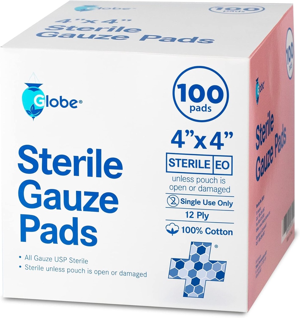 Globe 4’’ x 4" Advanced Sterile Gauze Pads for Wound Dressing| 100-Pack, Individually Packed | 12-Ply Cotton & Highly Absorbent| Advanced Gauze Sponge-Pads for Wound Care & Home First Aid Kits (4 x 4)