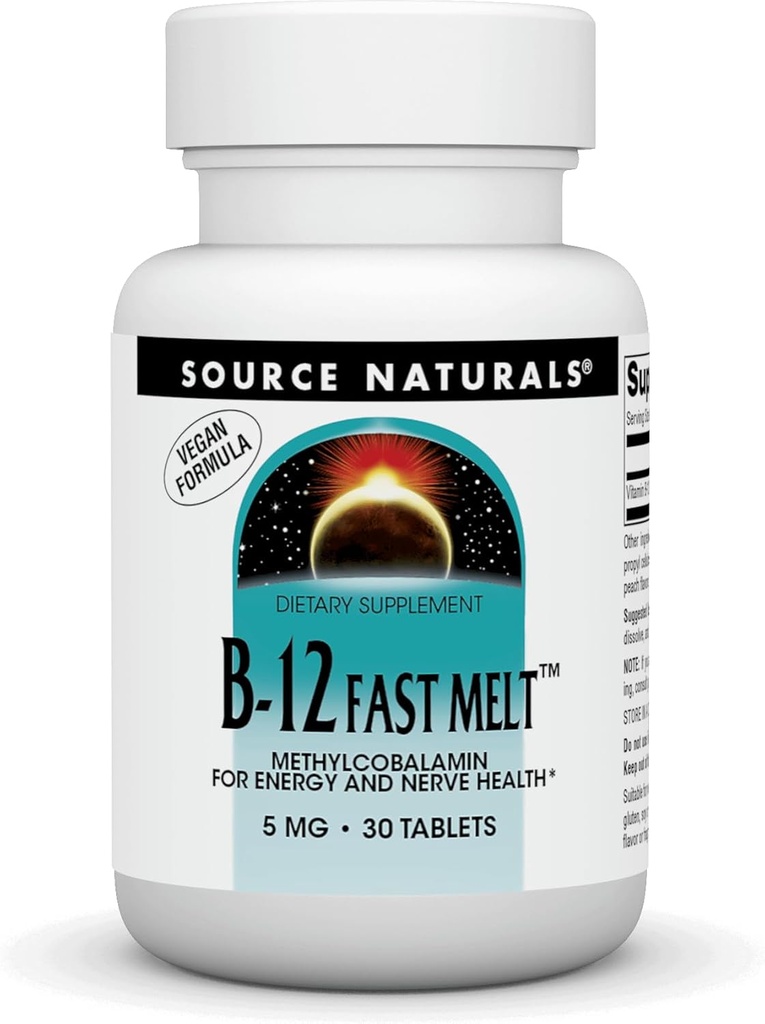 Source Naturals Vitamin B-12 Supports Energy Production* - 5 mg - Vegan Formula - 30 Fast Melt Tablets