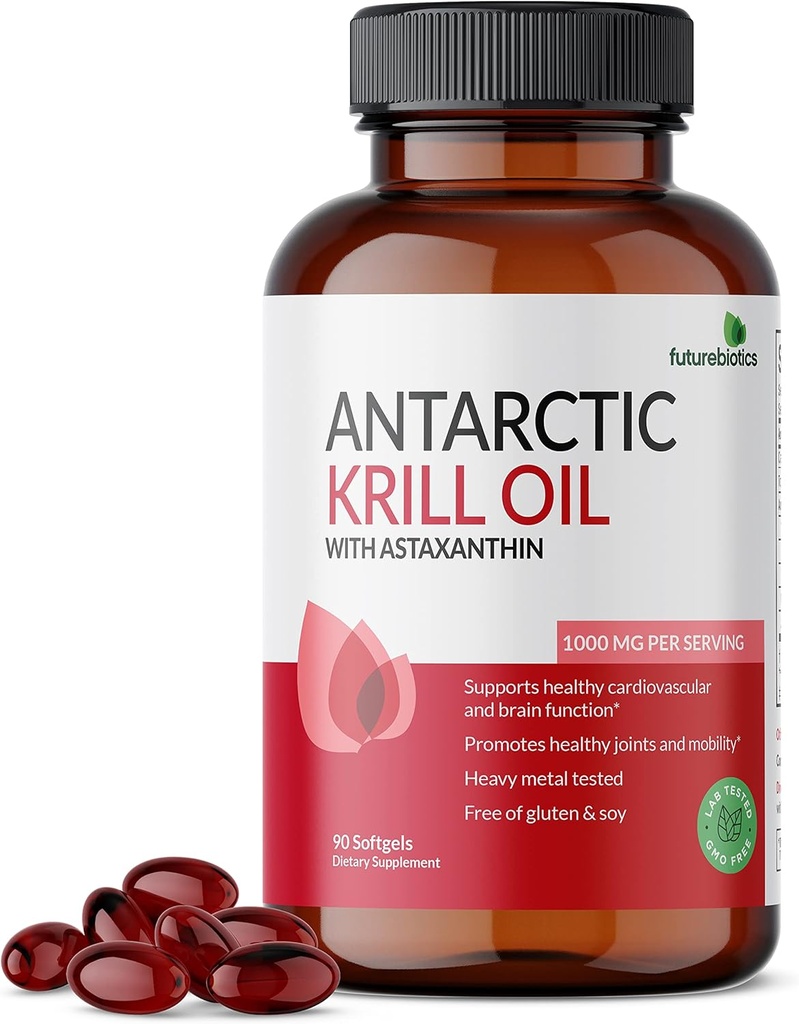 Futurebiotics Antarctic Krill Oil 1000mg with Omega-3s EPA, DHA, Astaxanthin and Phospholipids - Premium Krill Oil Heavy Metal Tested, Non GMO – 90 Softgels (45 Servings)