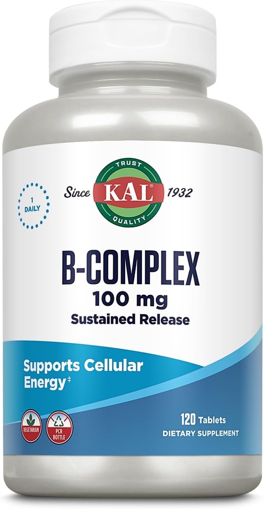 [BRSWIYTYO4GBW3A7] KAL B-100 Complex - Sustained Release Vitamin B Complex - Healthy Energy Support with Natural Support Base and Fresh Minty Coating - Vegetarian - 60 Day Guarantee - 120 Servings, 120 Tablets