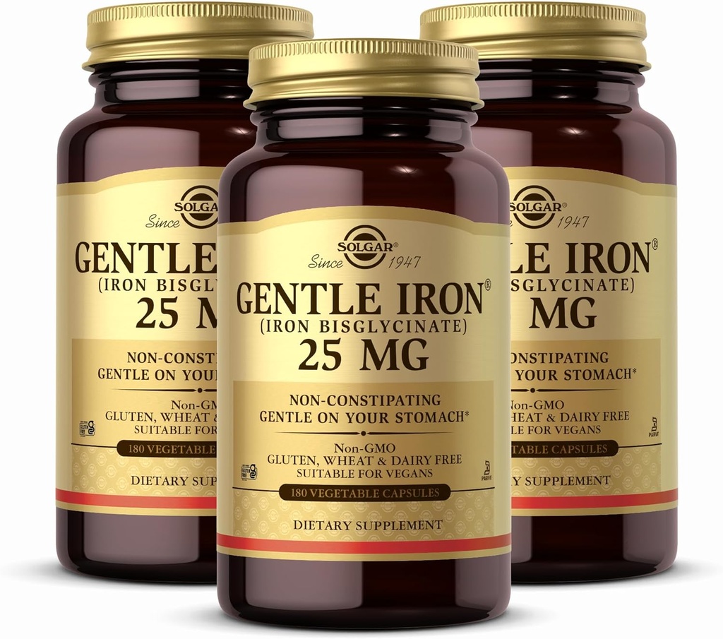 Solgar Gentle Iron (Iron Bisglycinate) 25 mg - 180 Vegetable Capsules, Pack of 3 - Non-Constipating, Gentle on Your Stomach - Non-GMO, Gluten Free - 540 Total Servings