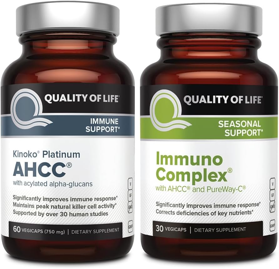 Quality of Life AHCC Kinoko Platinum Mushroom Extract and Immuno Complex Featuring Vitamin C - Ultimate Immune Support Bundle