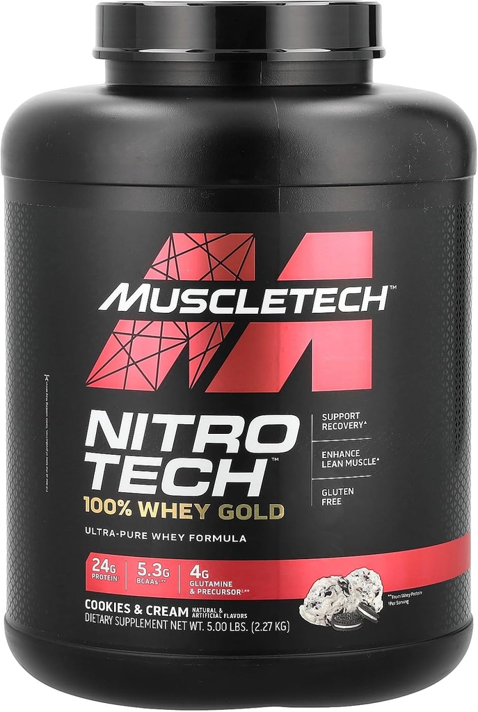 Muscletech Whey Protein Powder (Cookies & Cream, 5LB) - Nitro-Tech Whey Protein Isolate Smoothie Mix for Lean Muscle & Recovery - 24g of Whey Gold Protein for Women & Men - Packaging May Vary