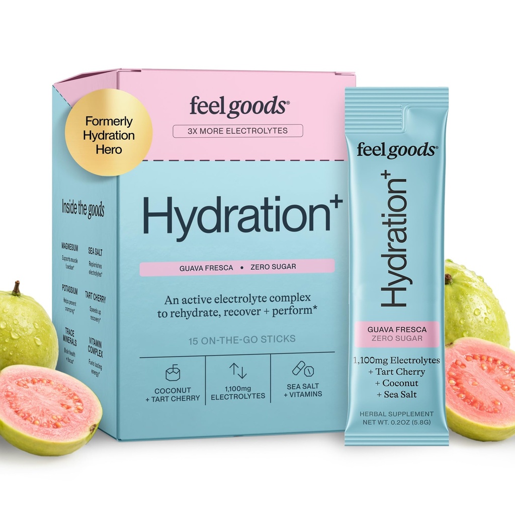 Feel Goods Hydration+, 1,100mg Electrolytes, Sugar Free Packets, Daily Hydration, Magnesium, Organic Tart Cherry, Potassium, Less Cramping, Energy Boost - Electrolyte Powder Packets - 15 Count