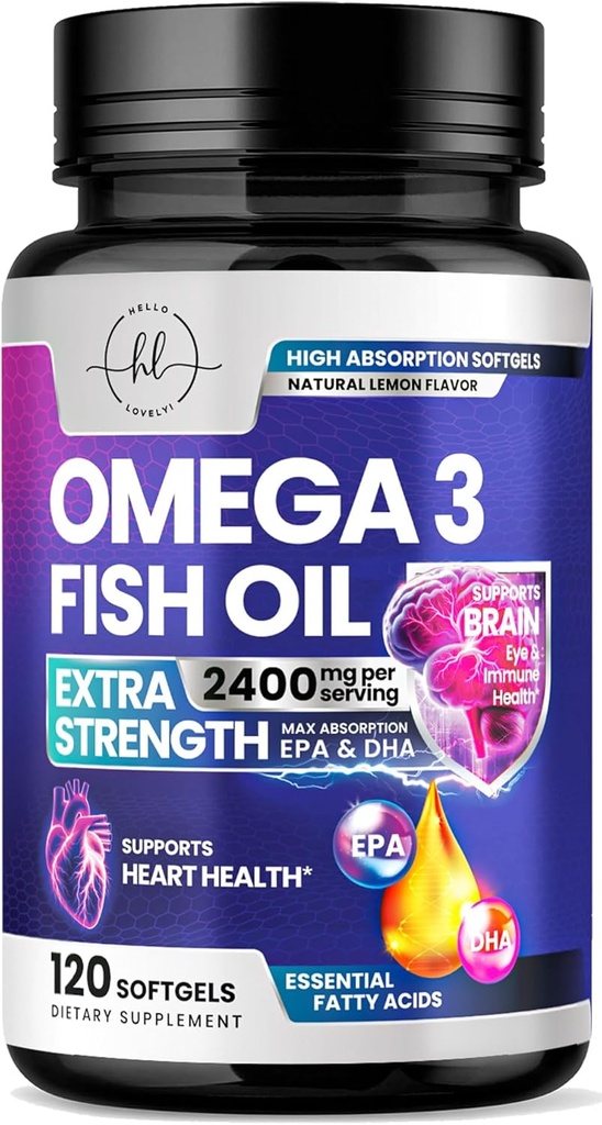 Omega 3 Fish Oil Supplements 2400mg - Triple Strength Omega 3 Fatty Acids, Natural Heart Health Brain & Joint Support - Fatty Acids with EPA & DHA - Wild Caught Fish Oil Supplement - 120 Softgels