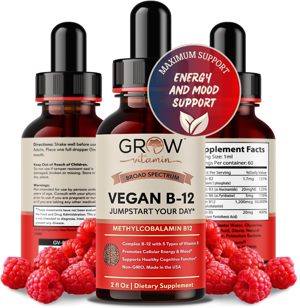 Vegan B12 Complex Liquid Sublingual Drops - Premium Methylcobalamin Supplement for Stronger Hair Skin & Nails Vitamin b12 b6 b5 b3 & b2 Natural Energy Boost, Immune System & Mental Focus Support