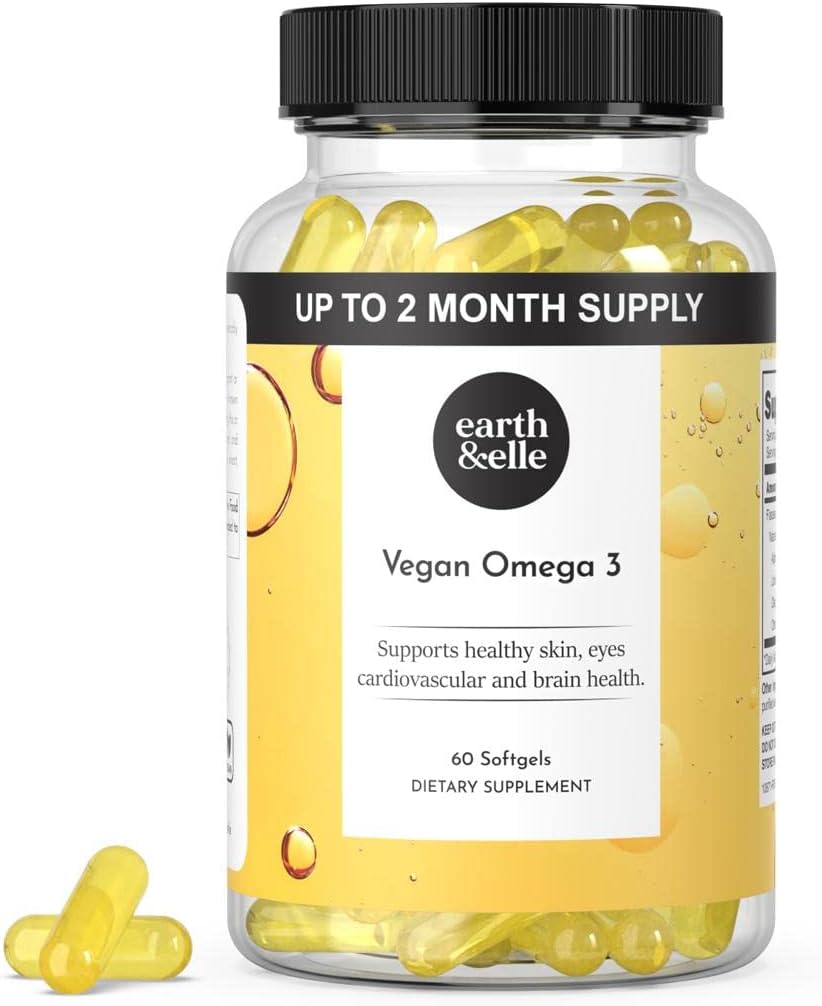 [BRSRMYL3OEFW2DLJ] Earth & Elle Algae Omega 3 Supplement - Vegan Omega 3 - Omega 3 Vegan Supplement w/Algae Oil & Vegan DHA - Helps Support Heart & Brain Health 1000 mg Per Serving - No Fishy Aftertaste 60 Softgels