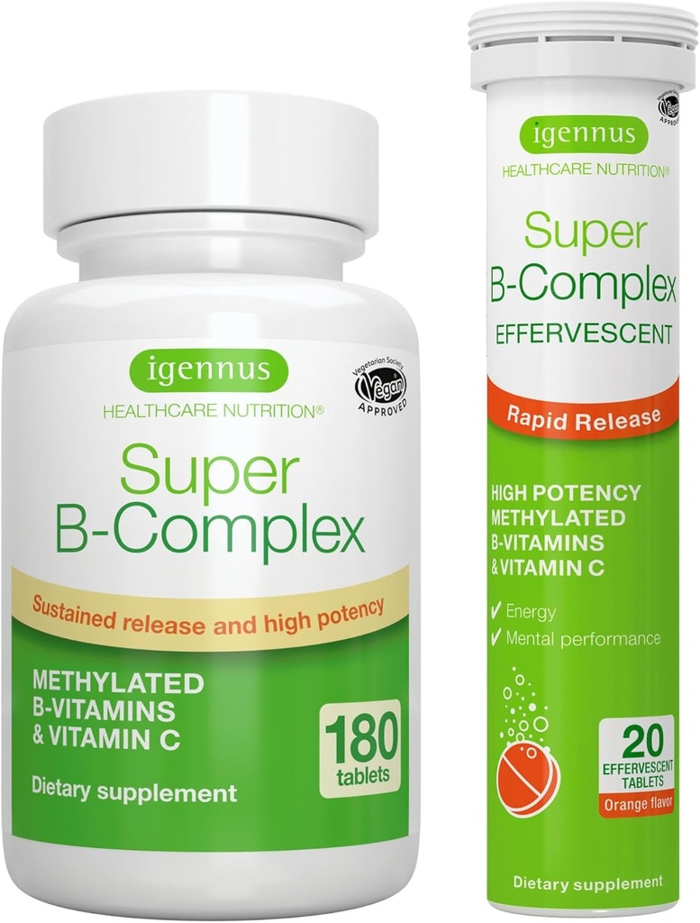 Super B-Complex Bundle, 180 Sustained-Release Tablets & 20 Orange Flavor Effervescent Tablets for Fast Energy On The Go, by Igennus