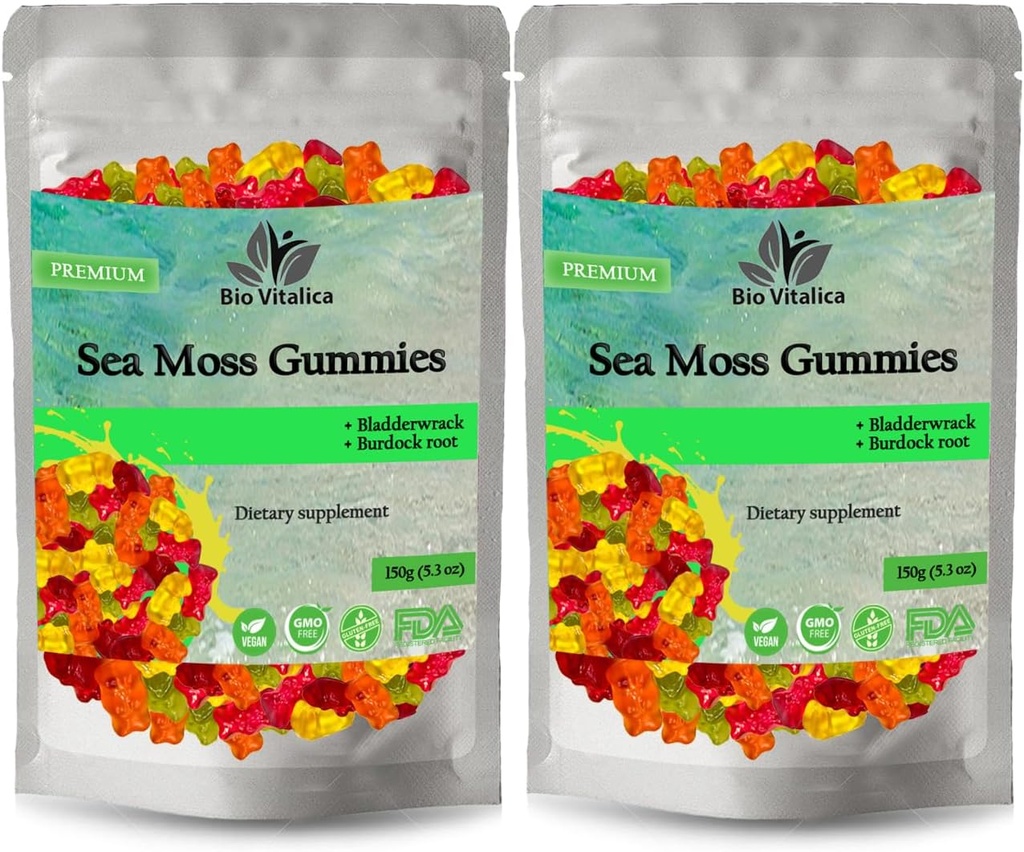 Sea Moss Gummies - Irish sea Moss raw Organic, Bladderwrack, Burdock Root. Contains Sea Moss Gel and Powder. Superfoods for Vegan, Keto and Dr Sebi Diet. Immune Boosting (2 Packs)