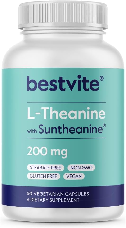BESTVITE Double Strength Suntheanine L-Theanine 200mg – Patented & Clinically Studied – 60 Vegetarian Capsules – Vegan – No Stearates – Non GMO – Gluten Free – Relaxation Support
