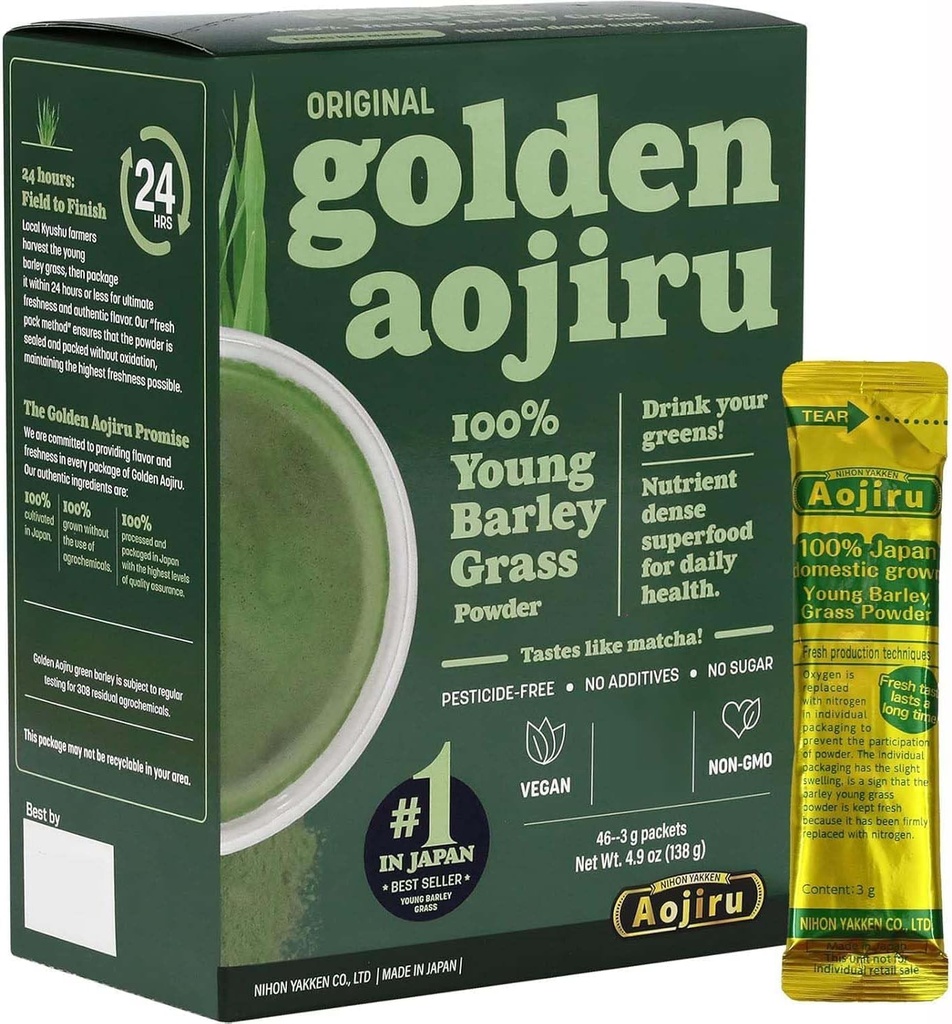 Golden Aojiru Original - Young Barley Green Grass Juice Powder with Rich Dietary Fiber, 100% Japanese Grown - Ready-to-Use 0.1 oz. (3g) Individual Packet × 46pcs - Vegan, Non-GMO, and Gluten Free