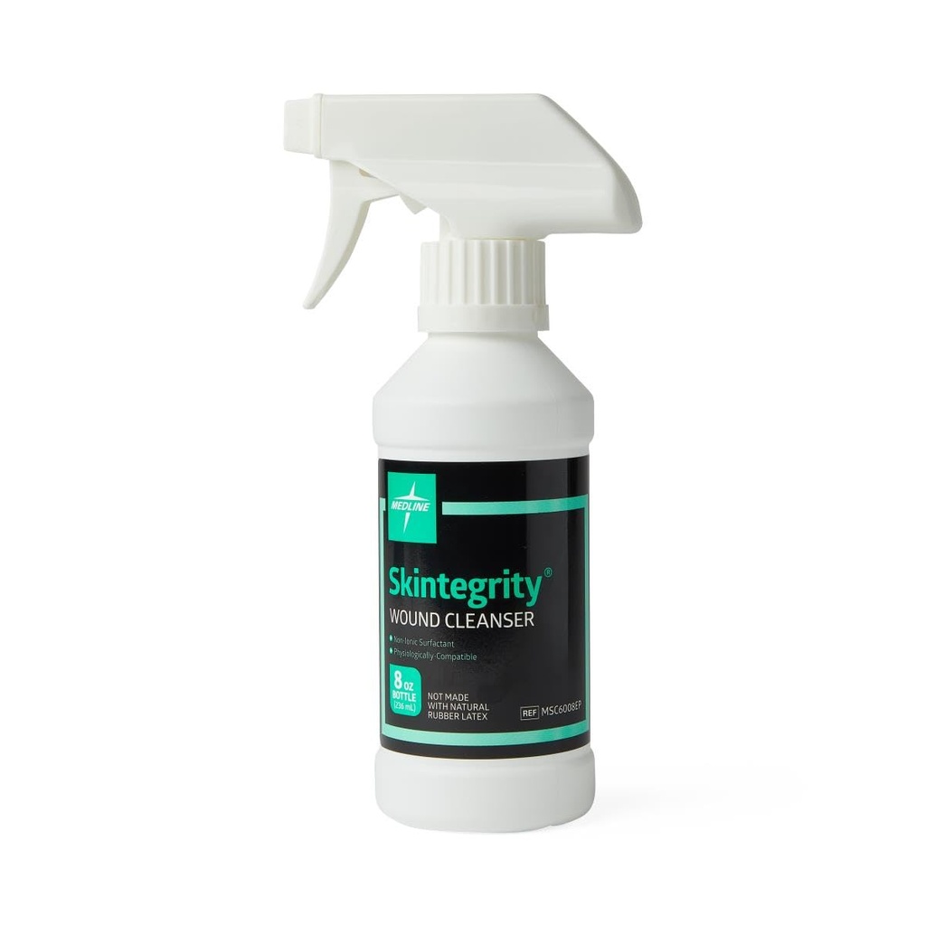 Medline Skintegrity Wound Cleanser, 8 ounce Spray Bottle, for wound cleaning, debridement, removing protein, pressure injuries, infected wounds, spray can be adjusted from mist to stream