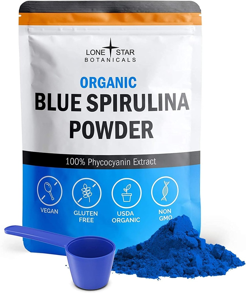 Organic Blue Spirulina Powder - 100% Pure Blue-Green Algae, No Fishy Smell, Vegan Superfood for Smoothies & Drinks, Non GMO, Gluten-Free, Vegan