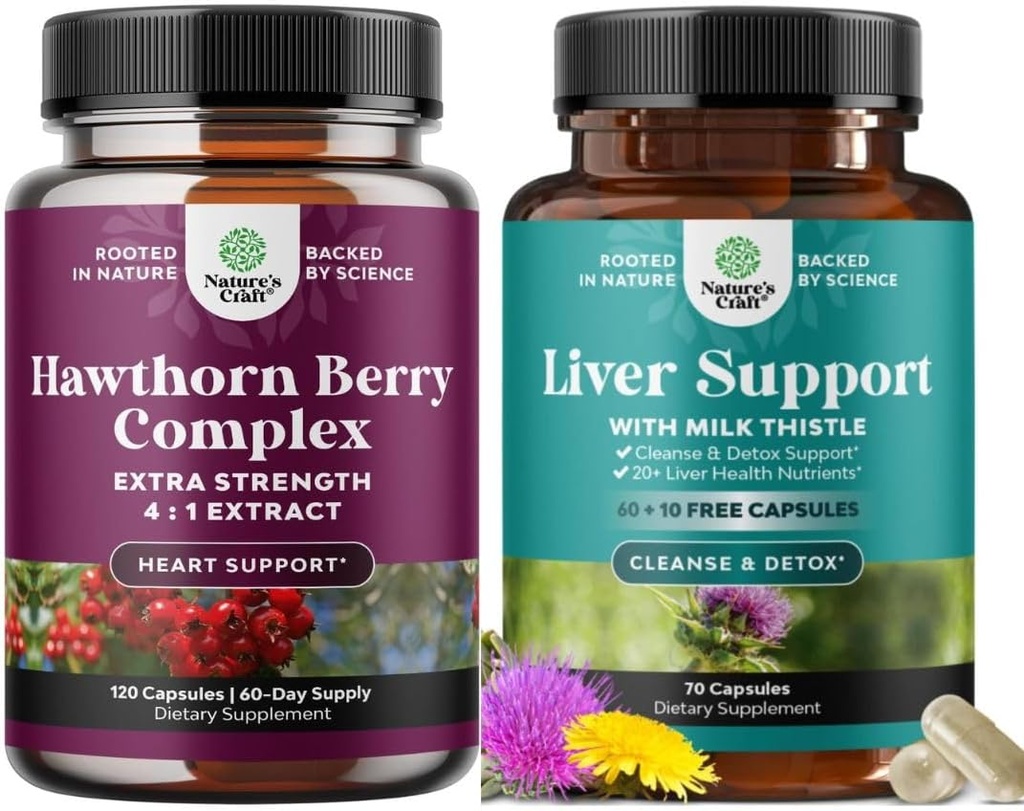 Bundle of Extra Strength Hawthorn Berry Capsules - Heart Health Supplement and Liver Cleanse Detox & Repair Formula - Herbal Liver Support Supplement