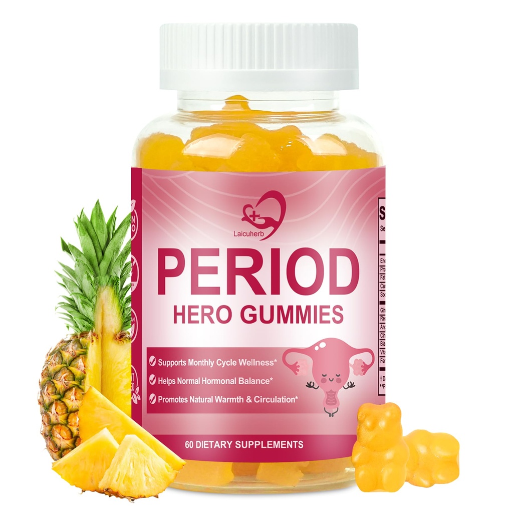 Period Hero Gummies for Women Menstrual Cycle, 60 Count PMS Support Gummies Help Relief PMS & Hormonal Balance, Pineapple Flavor Feminine Balance Womb Gummy for Uterus Cleanse & Detox