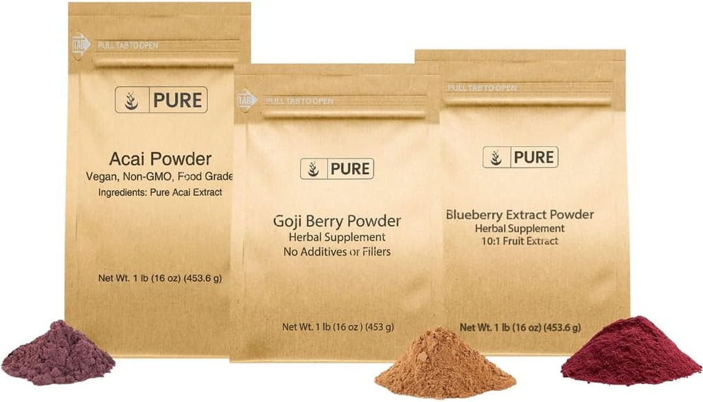 PURE ORIGINAL INGREDIENTS Berry Powder Bundle, (1 lb Each) Acai Powder, Goji Berry Powder, Blueberry Powder, Herbal Supplements