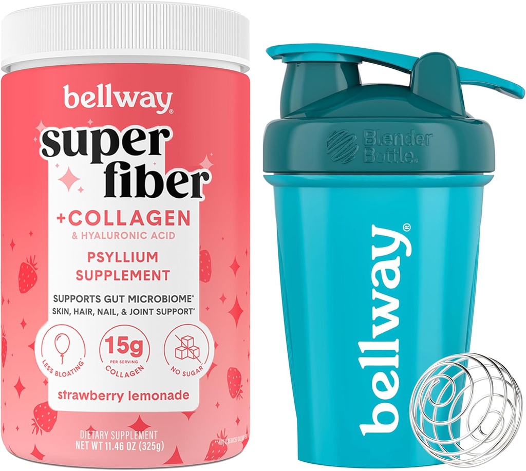 Bellway Super Fiber Powder + Collagen, Strawberry Lemonade Shaker Bottle Bundle