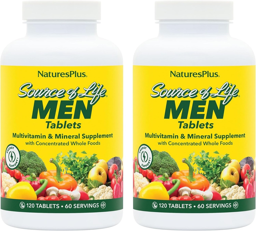 Natures Plus Source of Life Men - 120 Tablets, Pack of 2 - Iron-Free Multi-Vitamin & Mineral Supplement - with Saw Palmetto, Lycopene & Lutein - Gluten Free, Vegetarian - 120 Total Servings