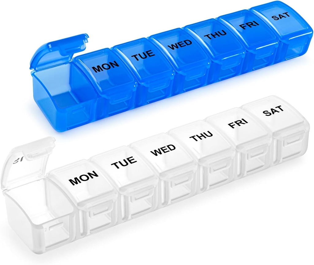 Small Pill Organizer 2 Times a Day, 2 Pack 7 Day Pill Box 1 Time a Day, Travel Friendly Day Night Vitamin Organizer, Weekly Pill Case Container