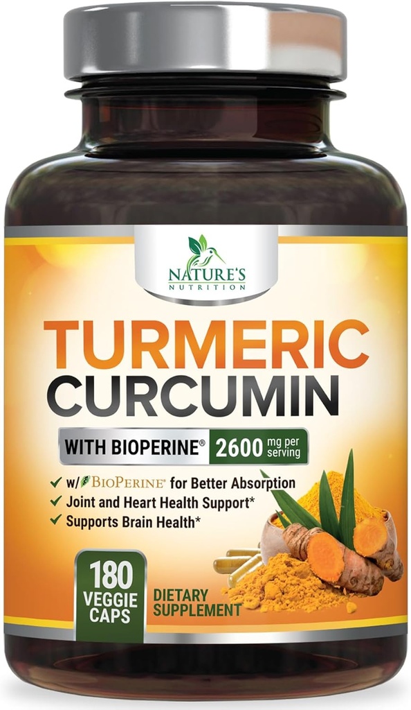 Turmeric Curcumin Supplement with BioPerine 95% Curcuminoids 2600mg with Black Pepper for Best Absorption, Bottled in USA, Best Natural Vegan Joint Support, Nature's Non-GMO Tumeric - 180 Capsules