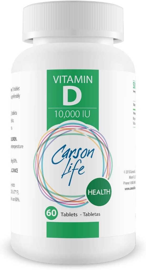 CARSON LIFE Vitamin D 10,000 IU Tablets - Excellent Supplement for Vitamin D Deficiency - Helps Strengthen Bones, Teeth and Immune System - 60 Tablets - Made in The USA