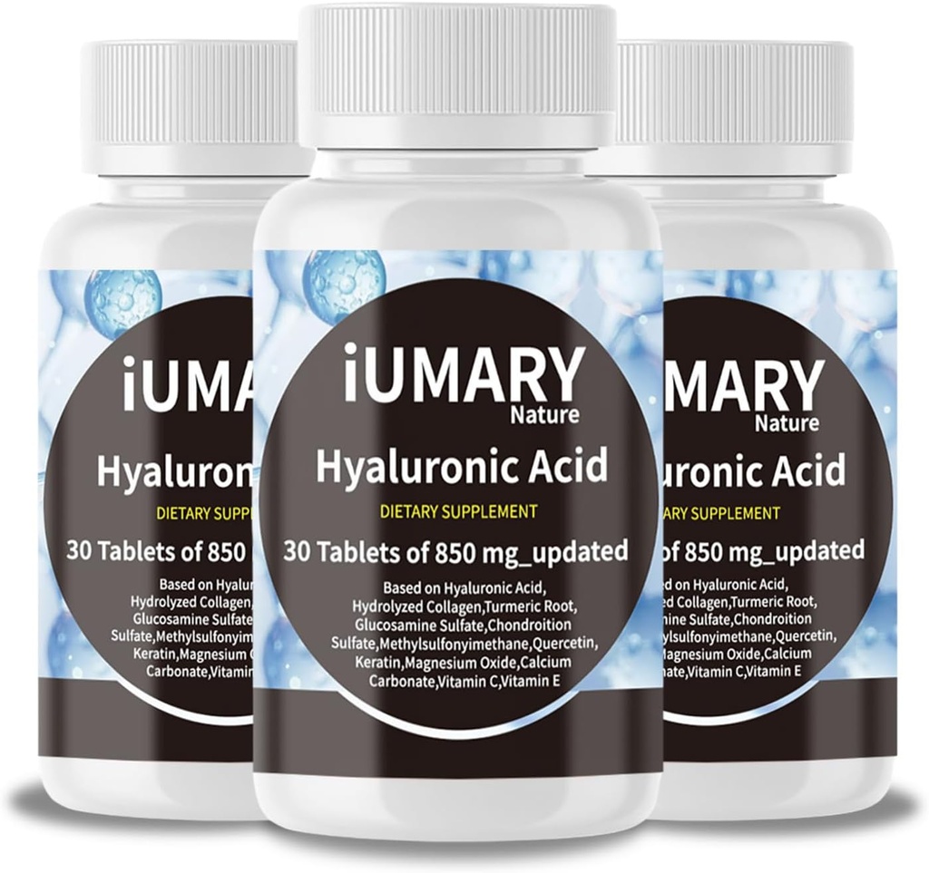Hyaluronic Acid Supplements, 850mg High Bioavailable Dietary Hyaluronic Acid - Advanced Joint Support with Hydrolyzed Collagen, Turmeric, Glu-cosamine, MSM, Vitamin C – 30 Tablets（Pack of 3）