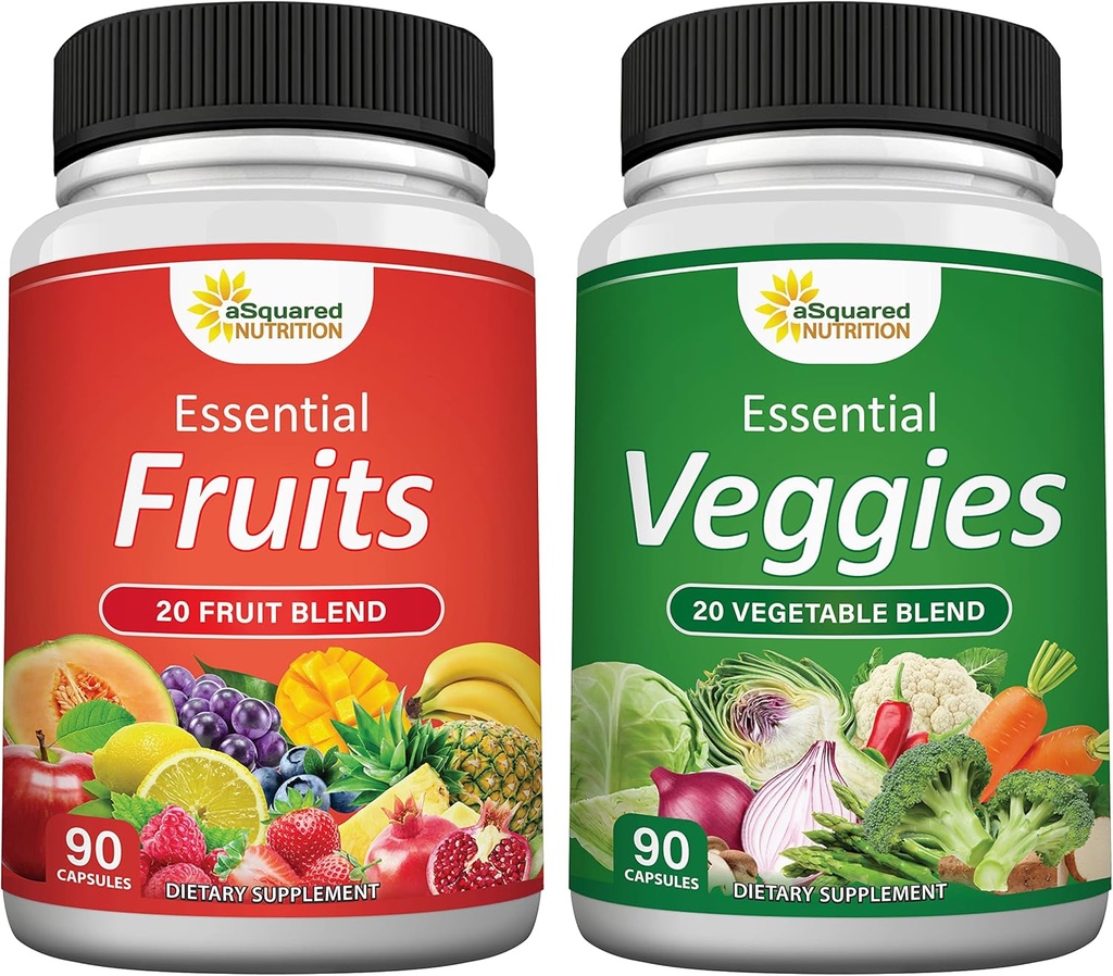 aSquared Nutrition Fruits and Veggies Supplement - 90 Veggie & 90 Fruit Capsules - Superfood Vegetable Greens Vitamins Pills - Nature's Super Food Alternative to Powder & Gummies