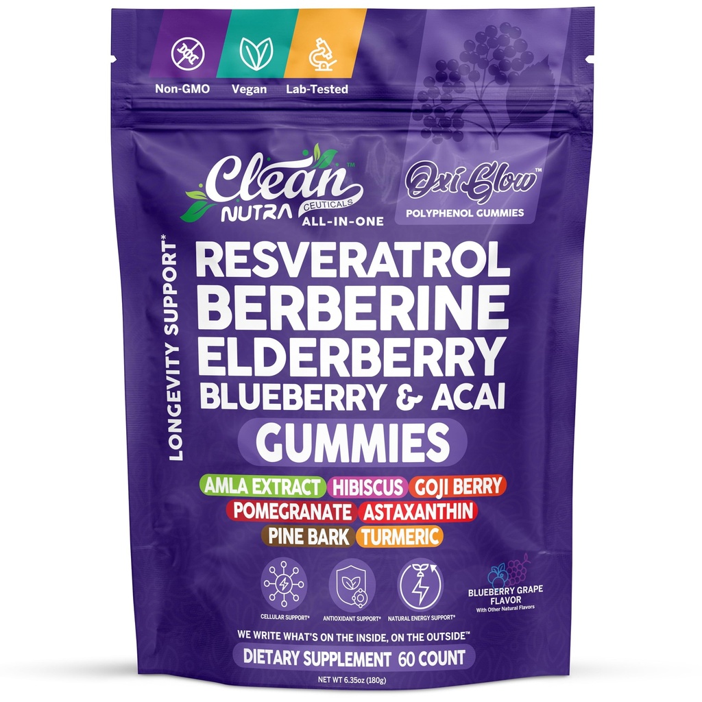 Clean Nutra Resveratrol Berberine Elderberry Blueberry Acai Gummies 60 Count Vegan Non GMO Lab Tested Polyphenol Gummy Blend in Resealable Bag by Clean Nutra Premium Formula for Daily Use