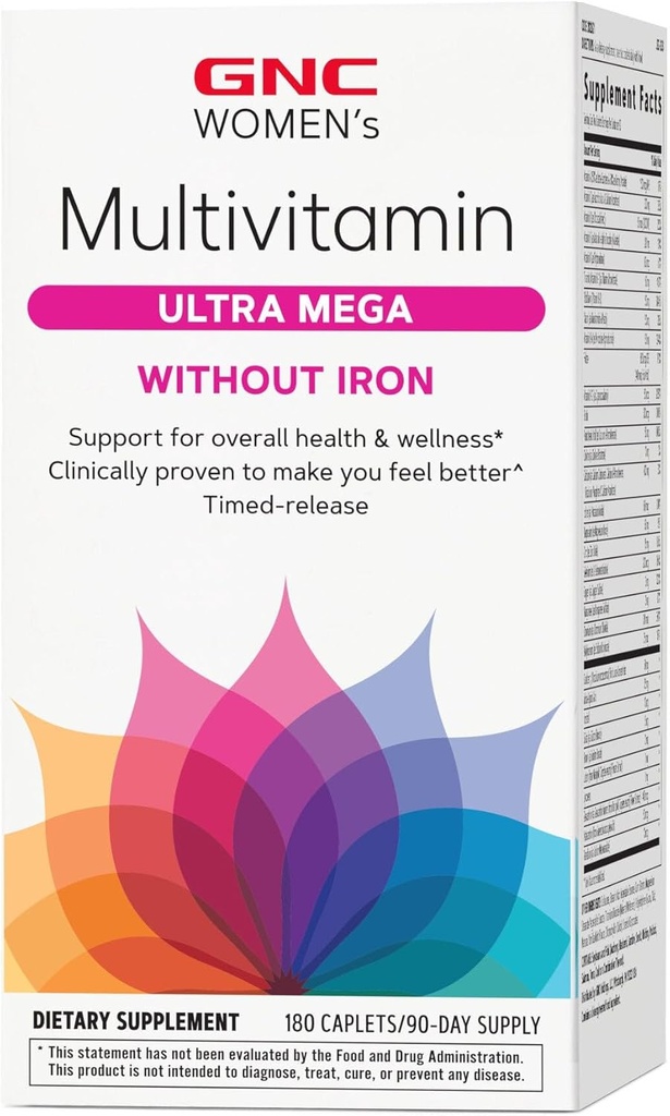 GNC Women's Multivitamin Ultra Mega Without Iron, Daily Vitamin Supplement, Supports Immune, Brain, Hair, Skin & Nails, 180 Caplets
