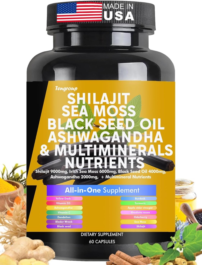 Shilajit Sea Moss Black Seed Oil Ashwagandha Burdock Vitamin C & D3 with Elderberry rhodiola rosea Dandelion Yellow Dock Turmeric ACV