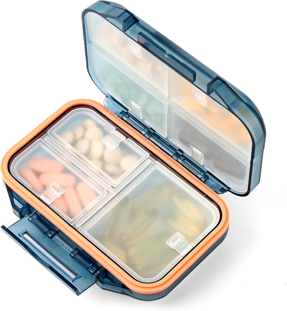 Pill Organizer Travel Pill Box Waterproof Medicine Case Container Supplement and Vitamin Holder Pocket Pharmacy Portable Pill Storage with 7 Compartments for Purse (Blue)