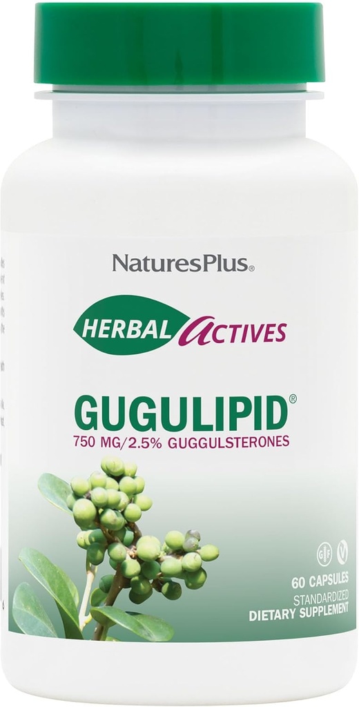 Natures Plus Herbal Actives Gugulipid - 750 mg, 2.5% Guggulsterones - 60 Vegan Capsules - Ayurvedic Botanical Supplement - Maximum Potency - Vegetarian, Gluten-Free - 60 Servings