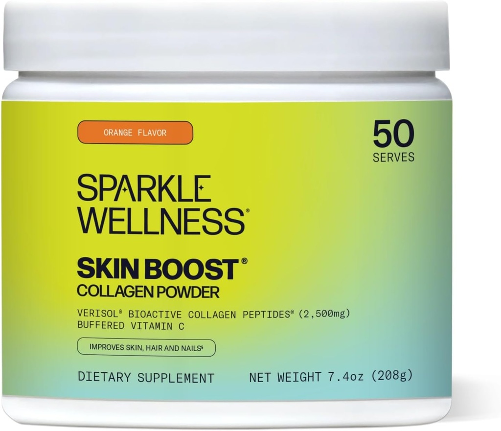 Sparkle Wellness VERISOL Bioactive Hydrolyzed Collagen Peptides | Collagen Powder Supplement with Vitamin C for Skin, Hair & Nail Health | Skin Boost (Orange) [50-Serves]